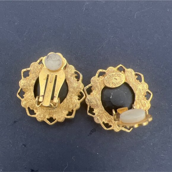 Vintage Robert Rose Cameo Clip-On Earrings Black Goldtone Filigree Rhinestone SE - Picture 7 of 11